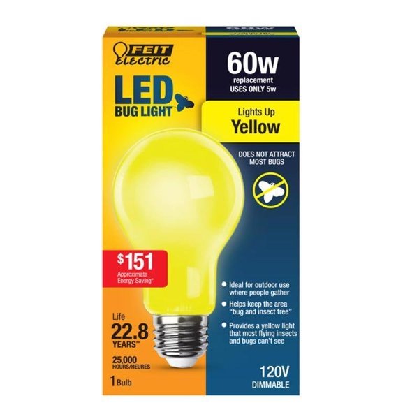 Feit Electric A19 E26 Medium LED Light Bulb Yellow 60 Watt Equivalence 1 pk A19/BUG/LED/BX